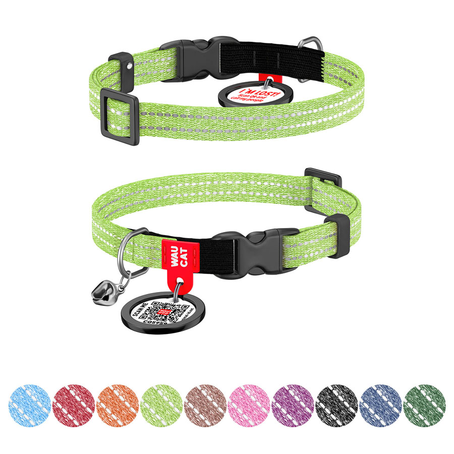 Нашийник для котів з відновленої бавовни WAUCAT Re-cotton з QR паспортом, світловідбиваючий, пластиковий фастекс, XS, Ш 10 мм, Дов 20-30 см, салатовий