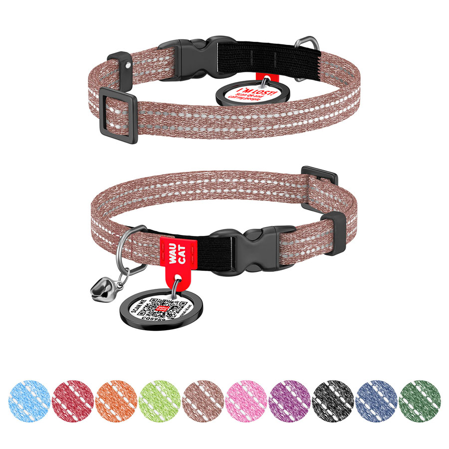 Нашийник для котів з відновленої бавовни WAUCAT Re-cotton з QR паспортом, світловідбиваючий, пластиковий фастекс, XS, Ш 10 мм, Дов 20-30 см, коричневий