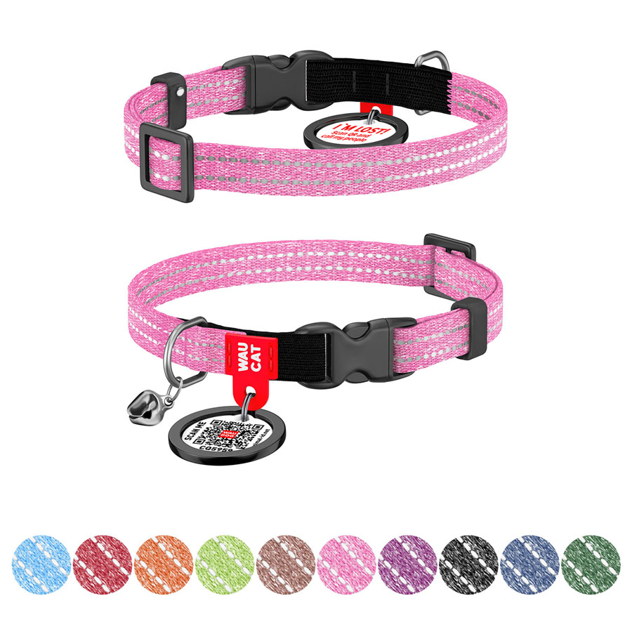 Нашийник для котів з відновленої бавовни WAUCAT Re-cotton з QR паспортом, світловідбиваючий, пластиковий фастекс, XS, Ш 10 мм, Дов 20-30 см, рожевий