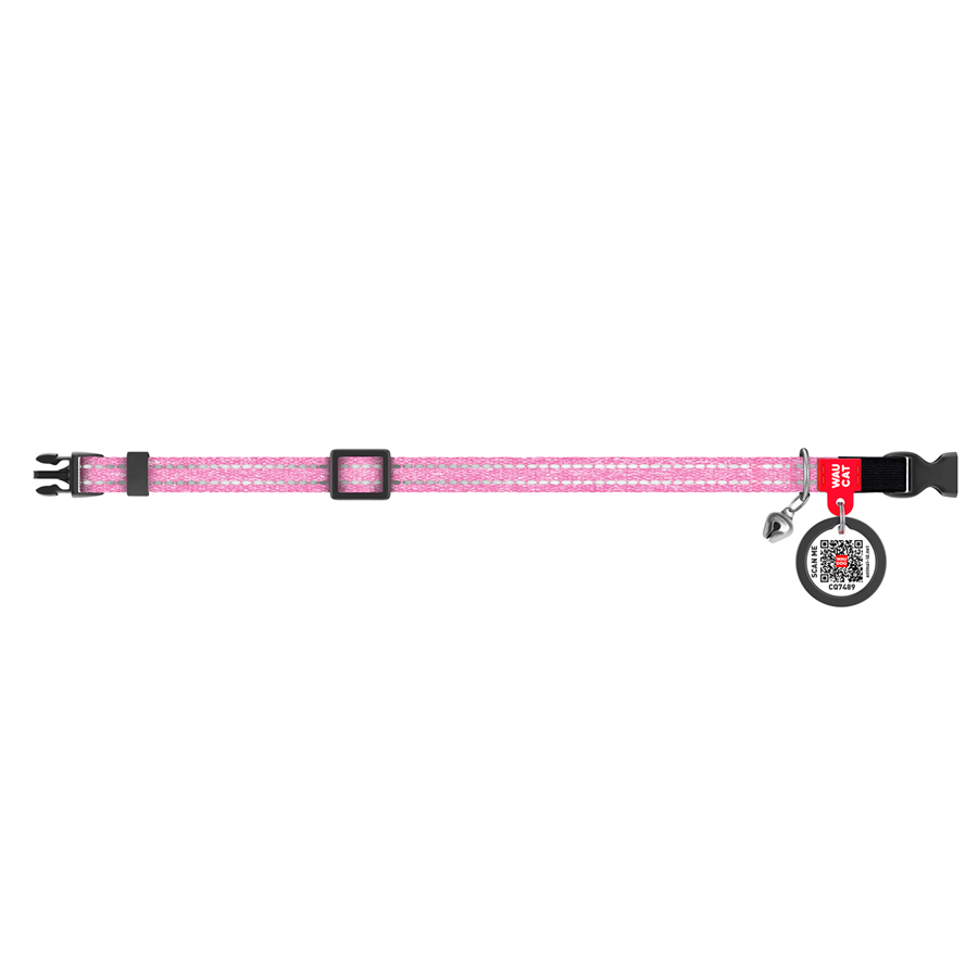 Нашийник для котів з відновленої бавовни WAUCAT Re-cotton з QR паспортом, світловідбиваючий, пластиковий фастекс, XS, Ш 10 мм, Дов 20-30 см, рожевий