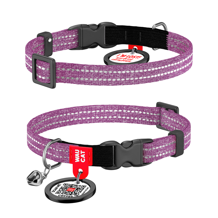 Нашийник для котів з відновленої бавовни WAUCAT Re-cotton з QR паспортом, світловідбиваючий, пластиковий фастекс, XS, Ш 10 мм, Дов 20-30 см, фіолетовий
