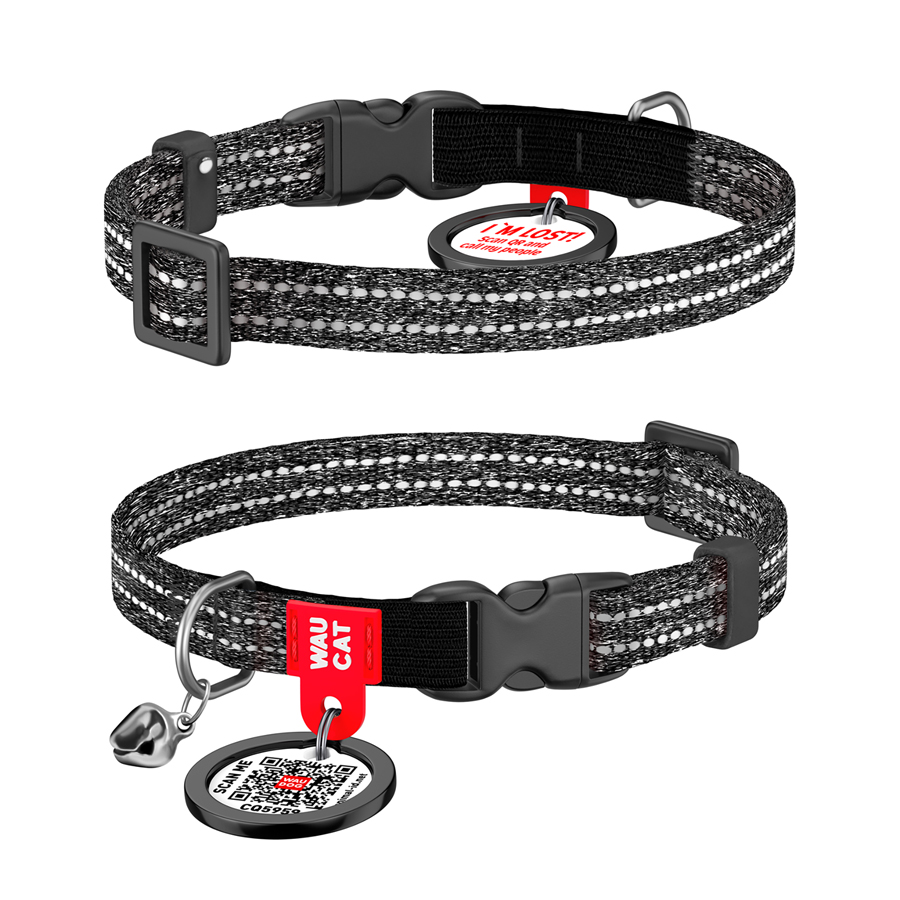 Нашийник для котів з відновленої бавовни WAUCAT Re-cotton з QR паспортом, світловідбиваючий, пластиковий фастекс, XS, Ш 10 мм, Дов 20-30 см, сірий