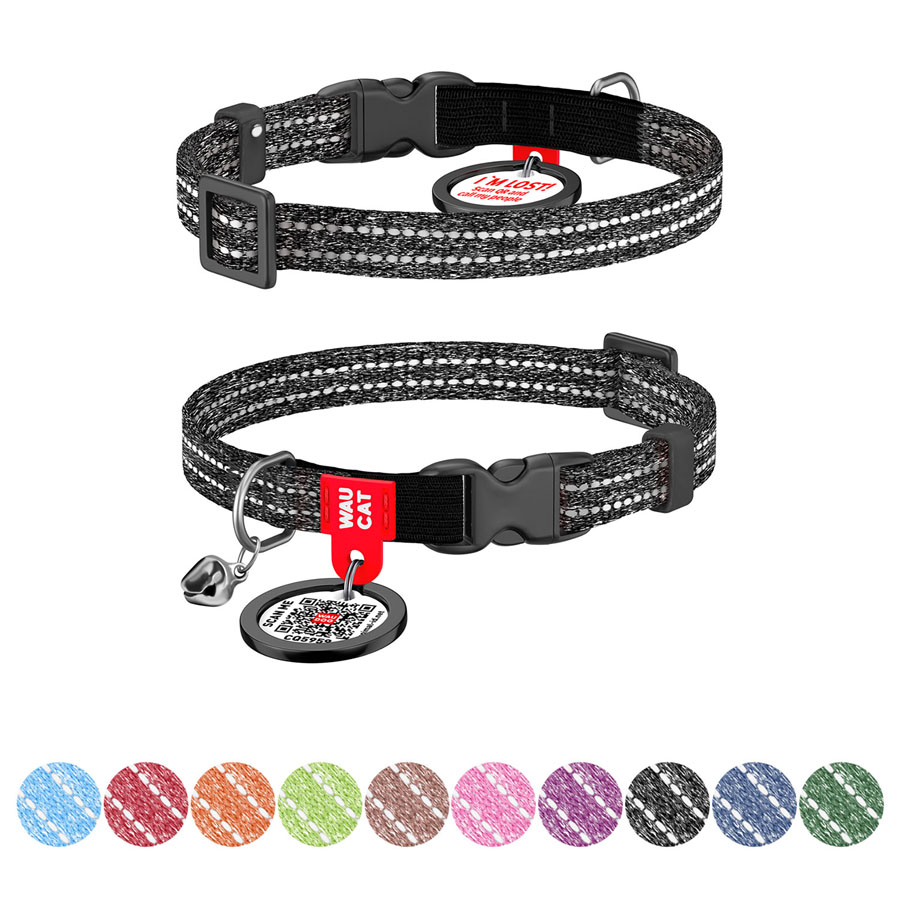Нашийник для котів з відновленої бавовни WAUCAT Re-cotton з QR паспортом, світловідбиваючий, пластиковий фастекс, XS, Ш 10 мм, Дов 20-30 см, сірий
