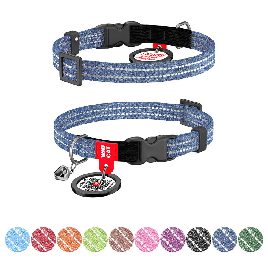 Нашийник для котів з відновленої бавовни WAUCAT Re-cotton з QR паспортом, світловідбиваючий, пластиковий фастекс, XS, Ш 10 мм, Дов 20-30 см, синій