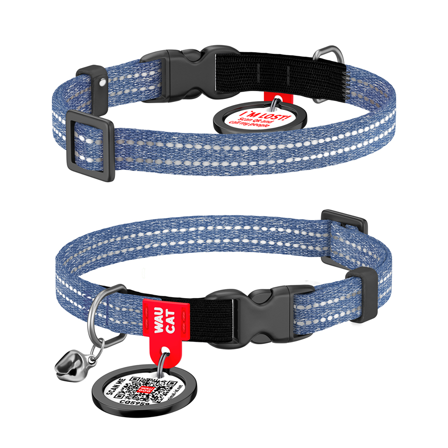 Нашийник для котів з відновленої бавовни WAUCAT Re-cotton з QR паспортом, світловідбиваючий, пластиковий фастекс, XS, Ш 10 мм, Дов 20-30 см, синій