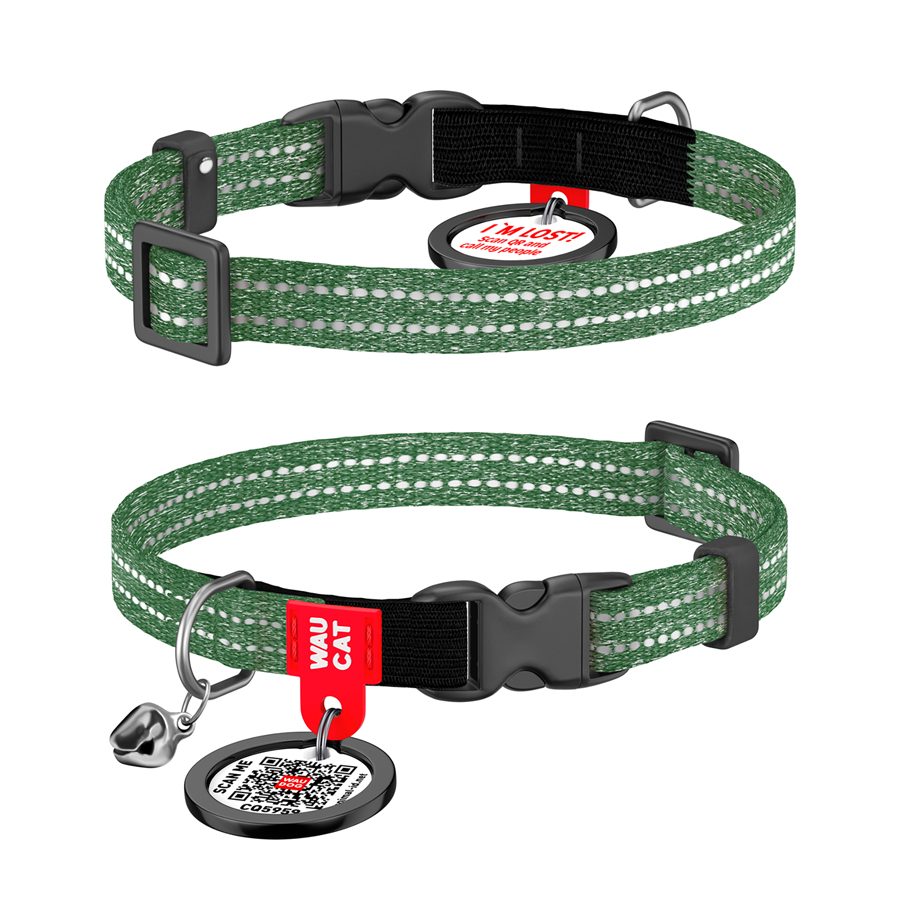 Нашийник для котів з відновленої бавовни WAUCAT Re-cotton з QR паспортом, світловідбиваючий, пластиковий фастекс, XS, Ш 10 мм, Дов 20-30 см, зелений