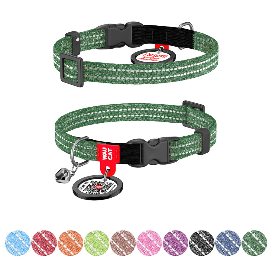 Нашийник для котів з відновленої бавовни WAUCAT Re-cotton з QR паспортом, світловідбиваючий, пластиковий фастекс, XS, Ш 10 мм, Дов 20-30 см, зелений