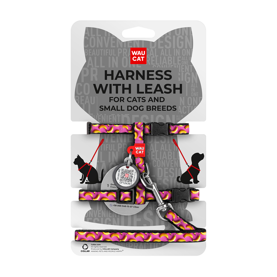 Шлея з повідцем для котів та дрібних порід собак WAUCAT Nylon з QR паспортом, малюнок 