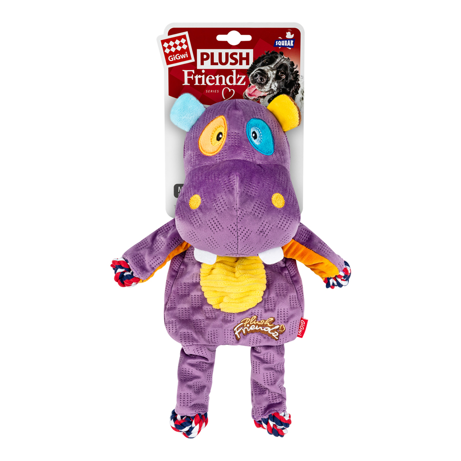 Іграшка для собак Бегемот з мотузками та пищалкою GiGwi Plush Friendz, текстиль, 34 см