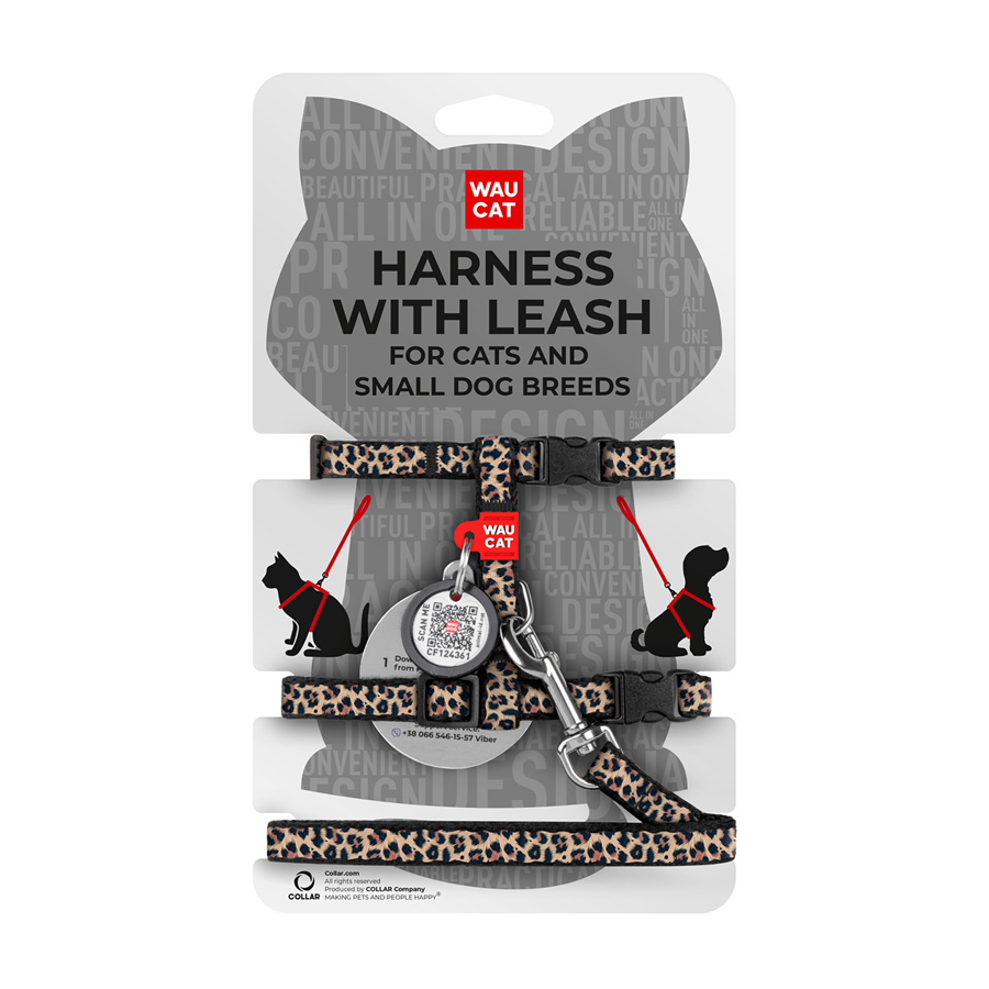 Шлея з повідцем для котів та дрібних порід собак WAUCAT Nylon з QR паспортом, малюнок 