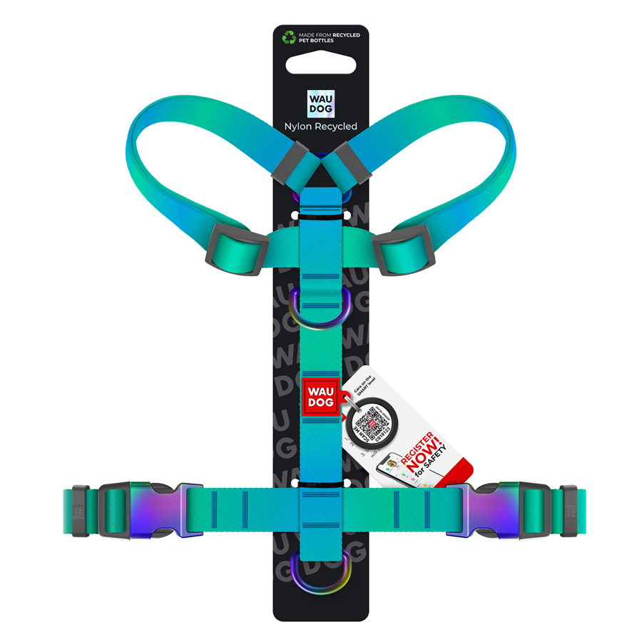 Шлея для собак анатомічна H-подібна WAUDOG Nylon Recycled з QR-паспортом, градієнт, M, Ш 20 мм, А 40-70, B 47-65 блакитний