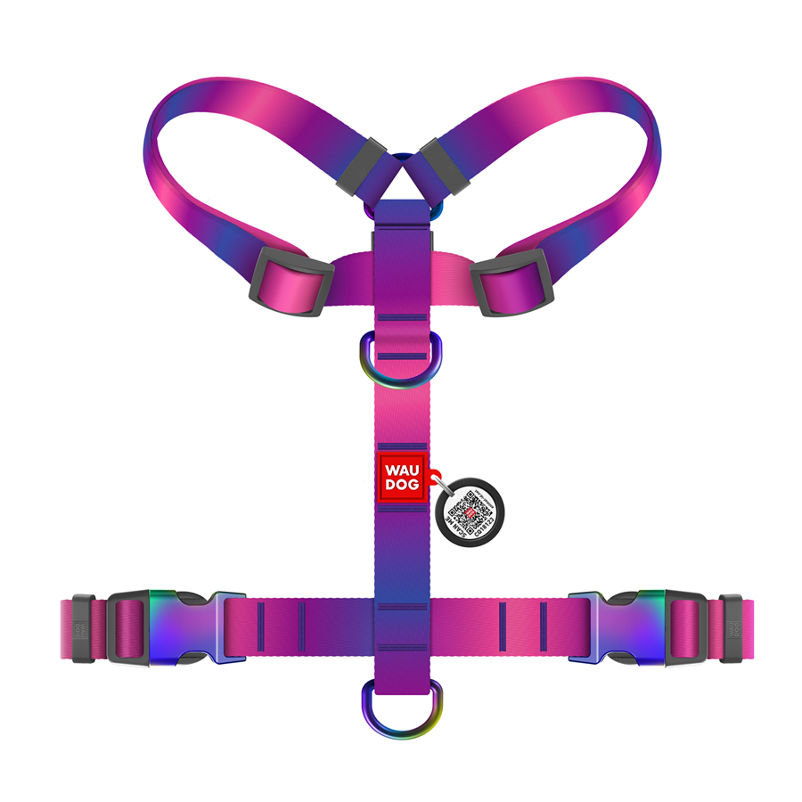 Шлея для собак анатомічна H-подібна WAUDOG Nylon Recycled з QR-паспортом, градієнт, M, Ш 20 мм, А 40-70, B 47-65 фіолетовий