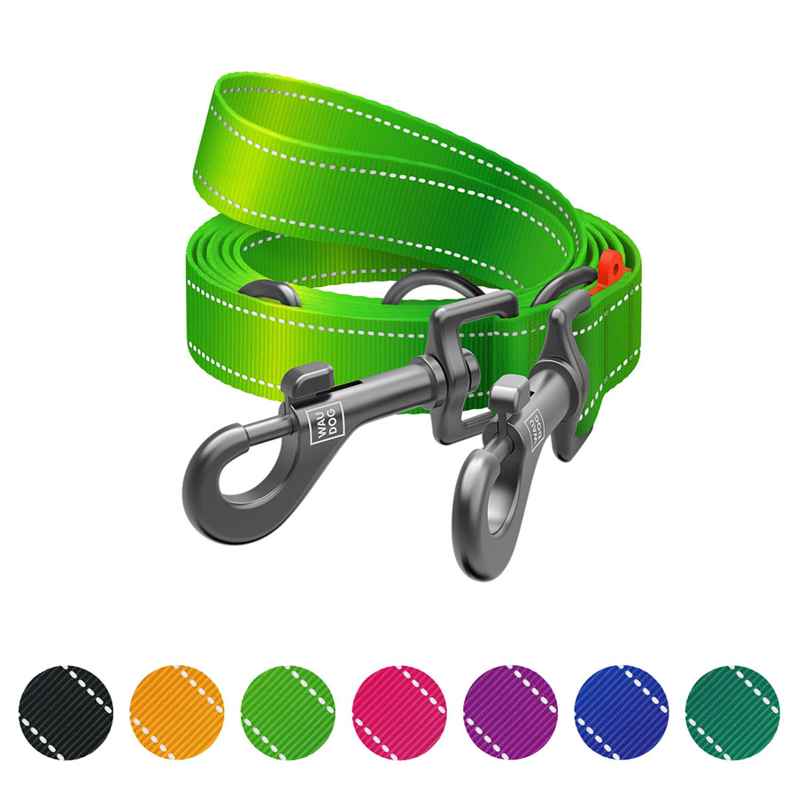 Повідець-перестібка для собак WAUDOG Nylon Mono, світловідбивний, М, Ш 20 мм, Дов 300 см, салатовий
