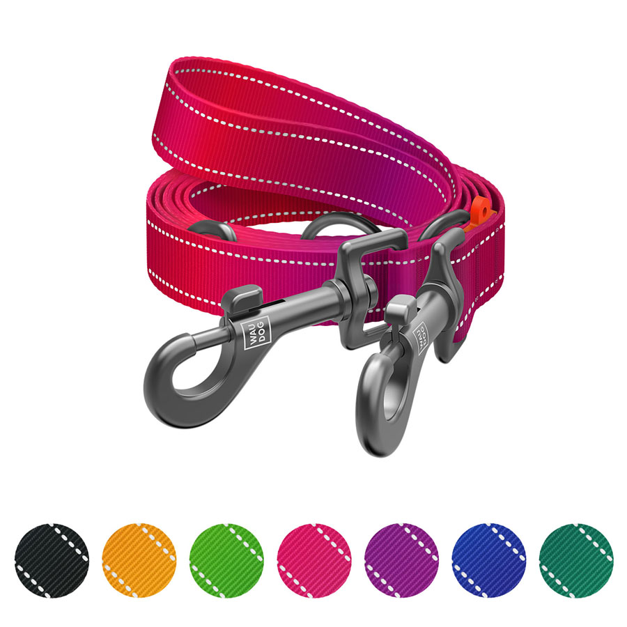 Повідець-перестібка для собак WAUDOG Nylon Mono, світловідбивний, М, Ш 20 мм, Дов 300 см, рожевий