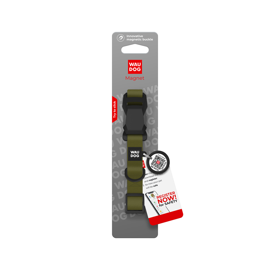 Нашийник для собак водостійкий WAUDOG Magnet c QR паспортом, магнітна пряжка-фастекс, S, Ш 15 мм, Дов 26-35 см, хакі