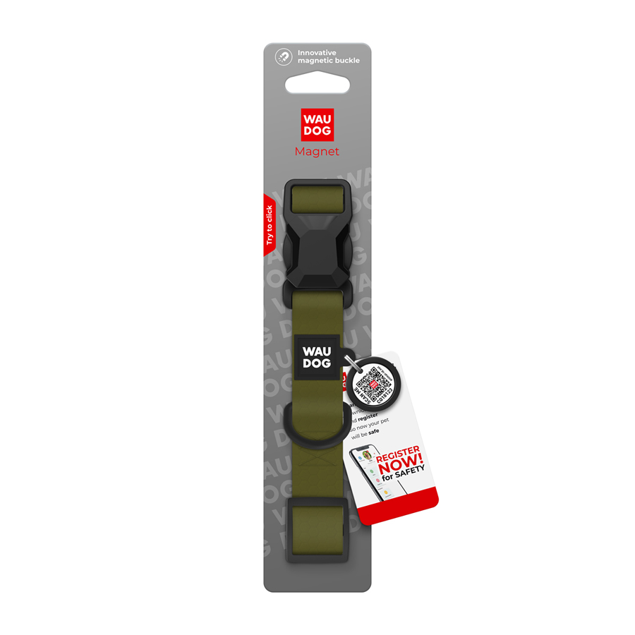 Нашийник для собак водостійкий WAUDOG Magnet c QR паспортом, магнітна пряжка-фастекс, XL, Ш 25 мм, Дов 38-58 см, хакі