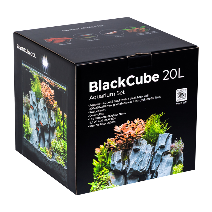 Акваріумний набір BlackCube 20 літрів, з чорною задньою стінкою, 27х27х27 см, скло 4 мм