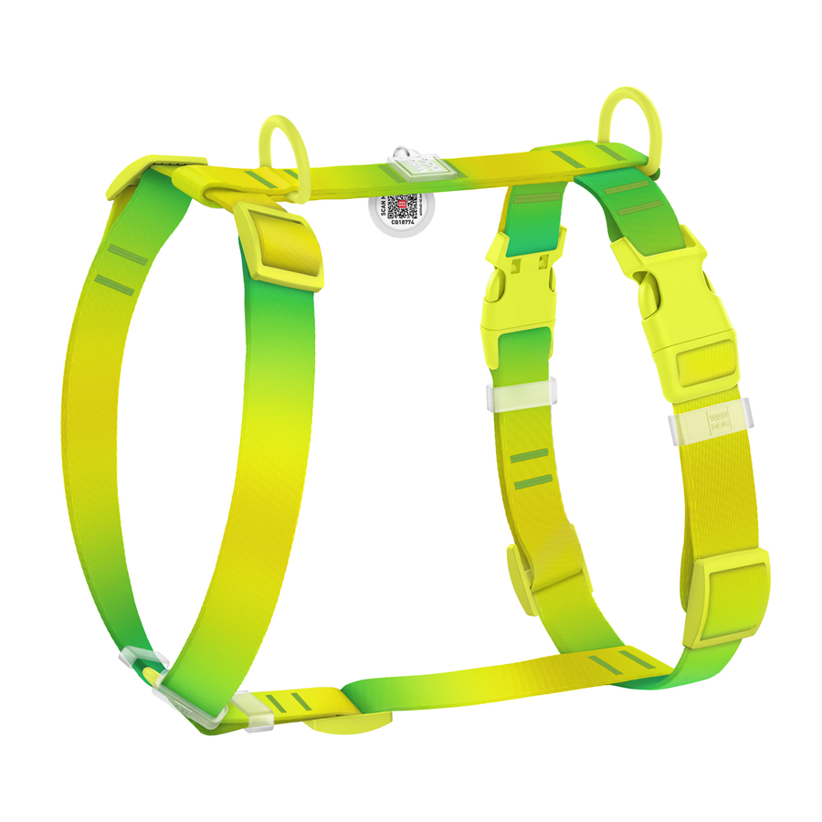 Шлея для собак анатомічна H-подібна WAUDOG Nylon Recycled з QR-паспортом, градієнт, пластиковий фастекс, М, Ш 20 мм, А 38-60 см, В 45-60 см, салатовий