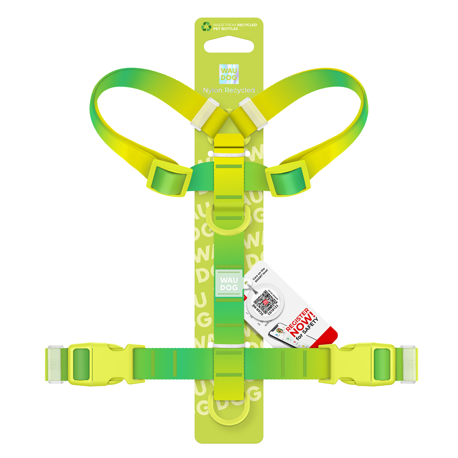 Шлея для собак анатомічна H-подібна WAUDOG Nylon Recycled з QR-паспортом, градієнт, пластиковий фастекс, L, Ш 25 мм, А 51-85 см, В 60-85 см, салатовий