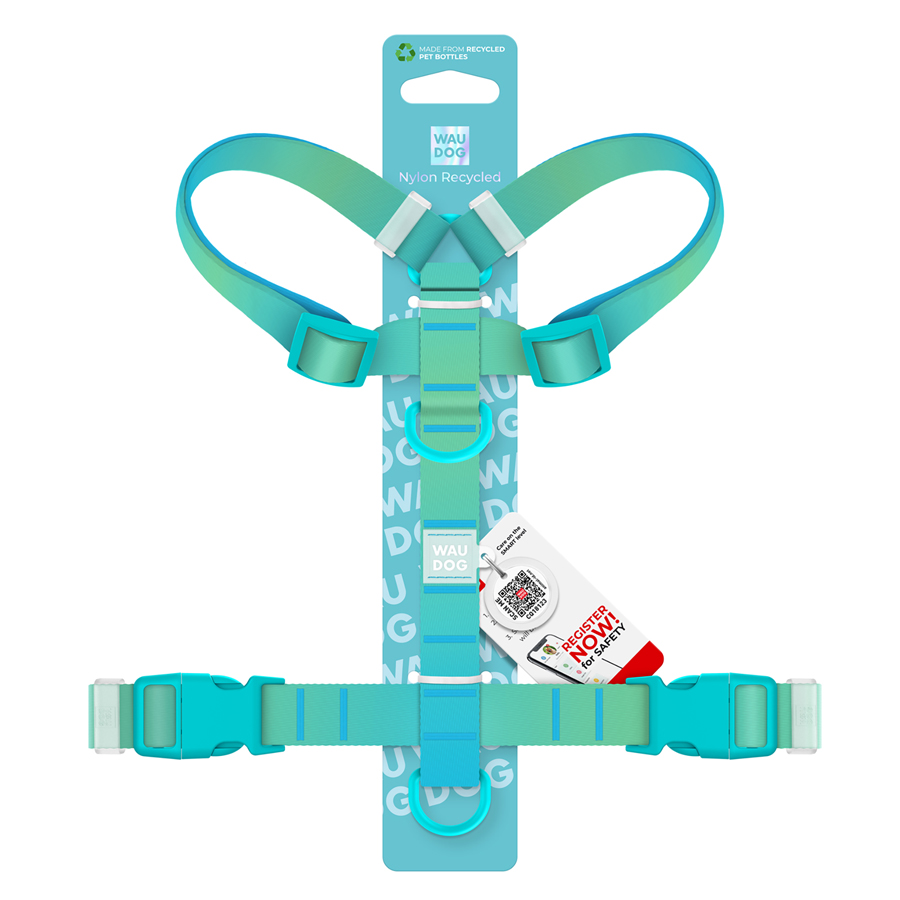 Шлея для собак анатомічна H-подібна WAUDOG Nylon Recycled з QR-паспортом, градієнт, пластиковий фастекс, XL, Ш 25 мм, А 60-100 см, В 68-100 см, блакитний