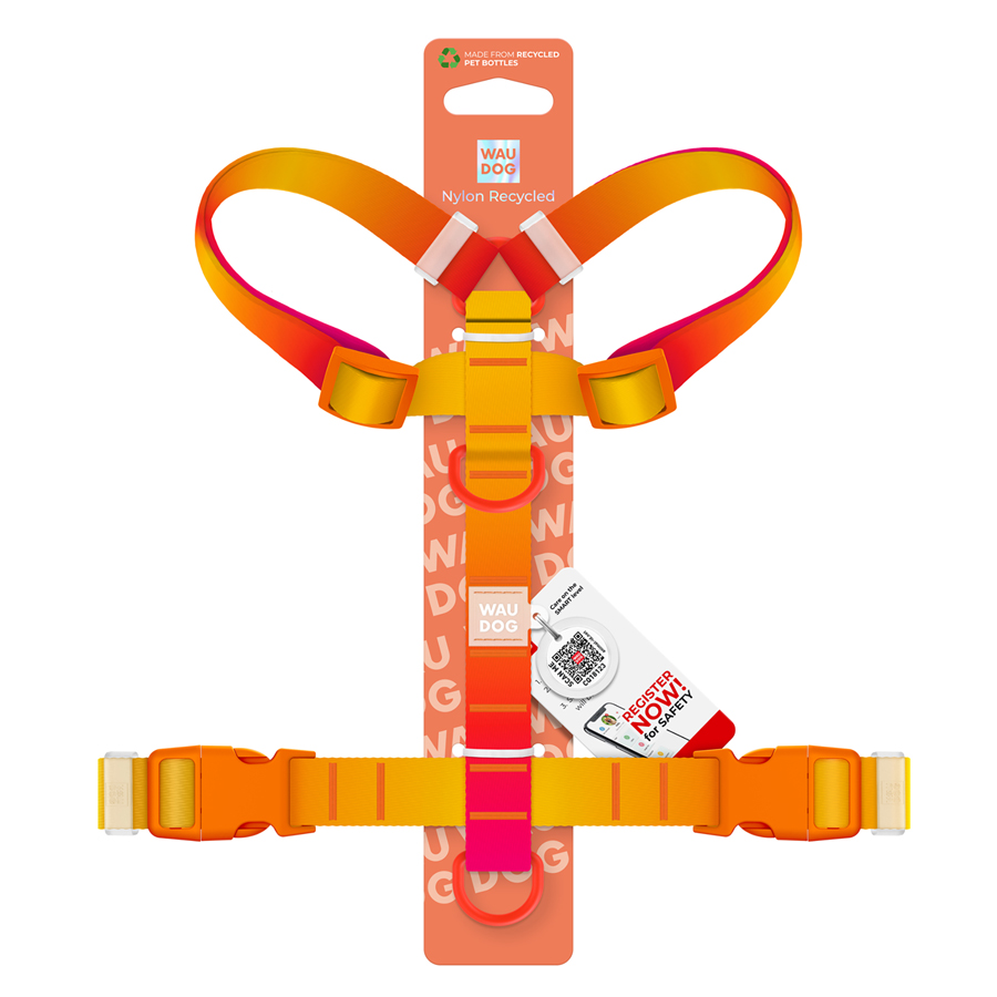 Шлея для собак анатомічна H-подібна WAUDOG Nylon Recycled з QR-паспортом, градієнт, пластиковий фастекс, XL, Ш 25 мм, А 60-100 см, В 68-100 см, помаранчевий