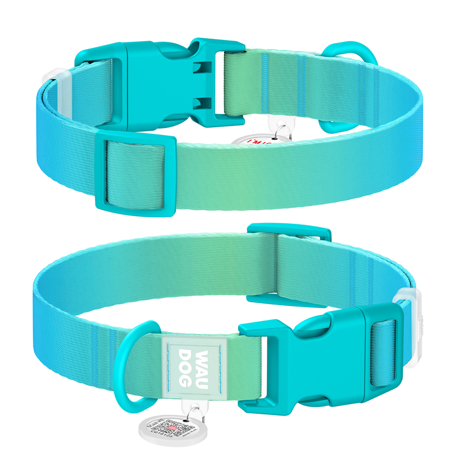 Нашийник для собак з нейлону WAUDOG Nylon Recycled c QR паспортом, градієнт, пластиковий фастекс, M, Ш 20 мм, Дов 28-40 см, блакитний