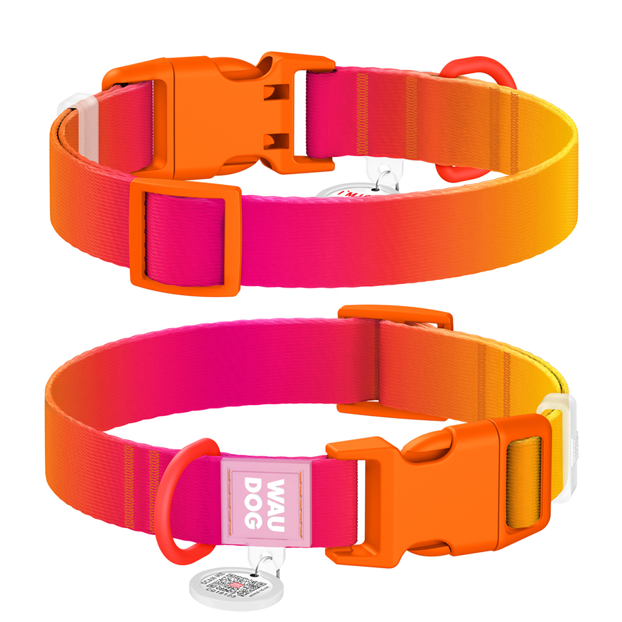 Нашийник для собак з нейлону WAUDOG Nylon Recycled c QR паспортом, градієнт, пластиковий фастекс, XL, Ш 25 мм, Дов 37-58 см, помаранчевий