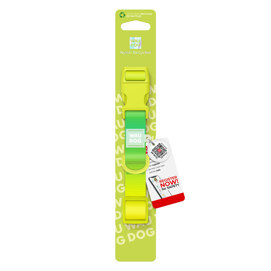 Нашийник для собак з нейлону WAUDOG Nylon Recycled c QR паспортом, градієнт, пластиковий фастекс, XL, Ш 25 мм, Дов 37-58 см, салатовий