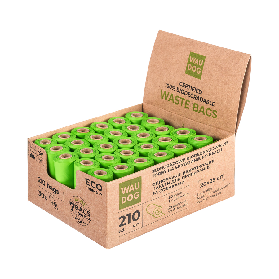 Біорозкладні пакети WAUDOG для прибирання за тваринами, МІНІ, 20х25 см, уп. 30 рул (210 шт)