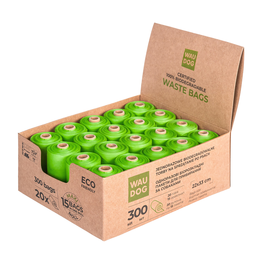 Біорозкладні пакети WAUDOG для прибирання за тваринами, МАКСІ, 22х33 см , уп. 20 рул (300 шт)