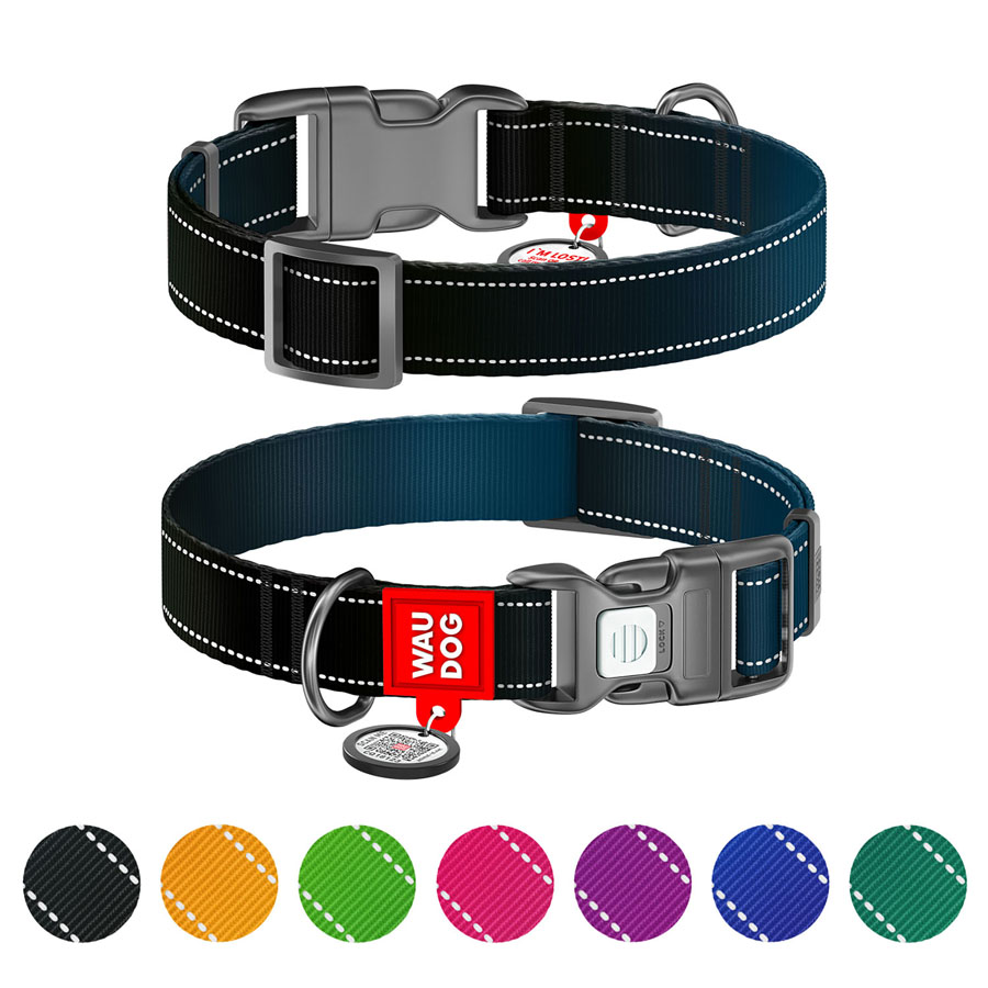 Ошейник для собак нейлоновый WAUDOG Nylon c QR паспортом, светоотражающий, пластиковый фастекс, XL, Ш 25 мм, Дл 37-58 см черный