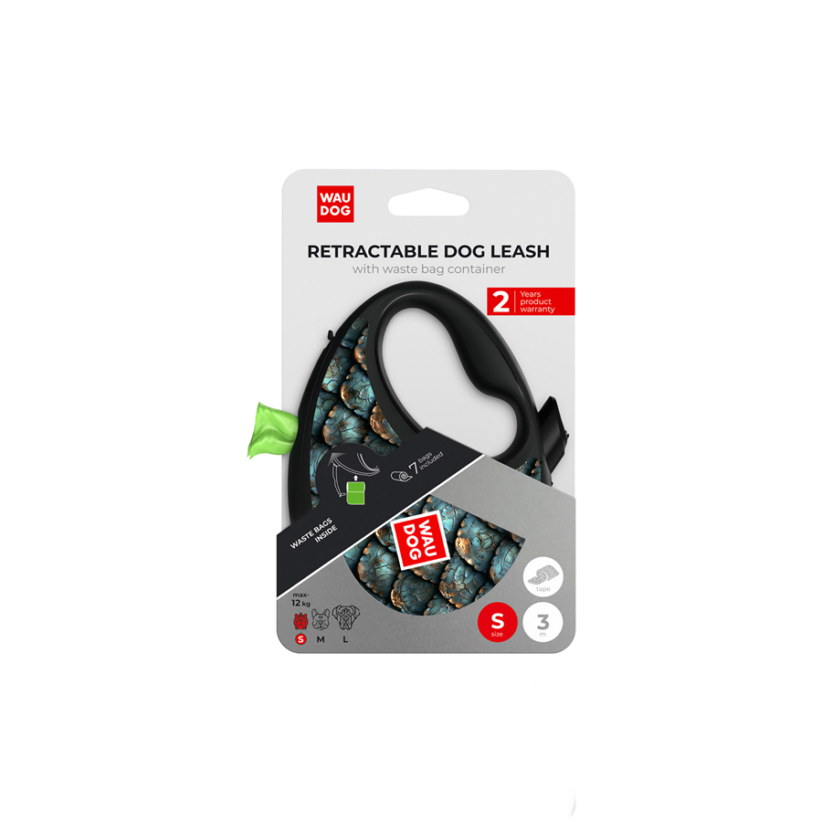 Повідець-рулетка для собак WAUDOG R-leash з контейнером для пакетів, малюнок 