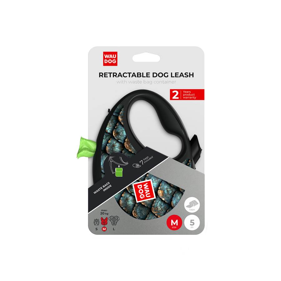 Повідець-рулетка для собак WAUDOG R-leash з контейнером для пакетів, малюнок 