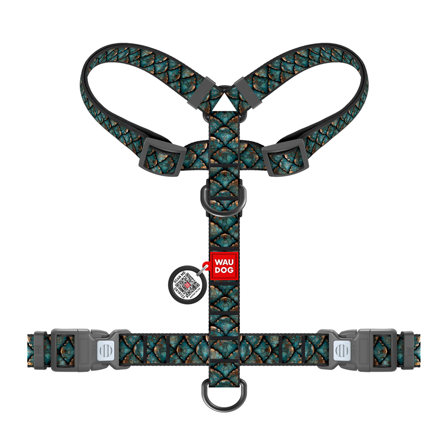 Шлея для собак анатомічна H-подібна WAUDOG Nylon з QR адресником, малюнок 