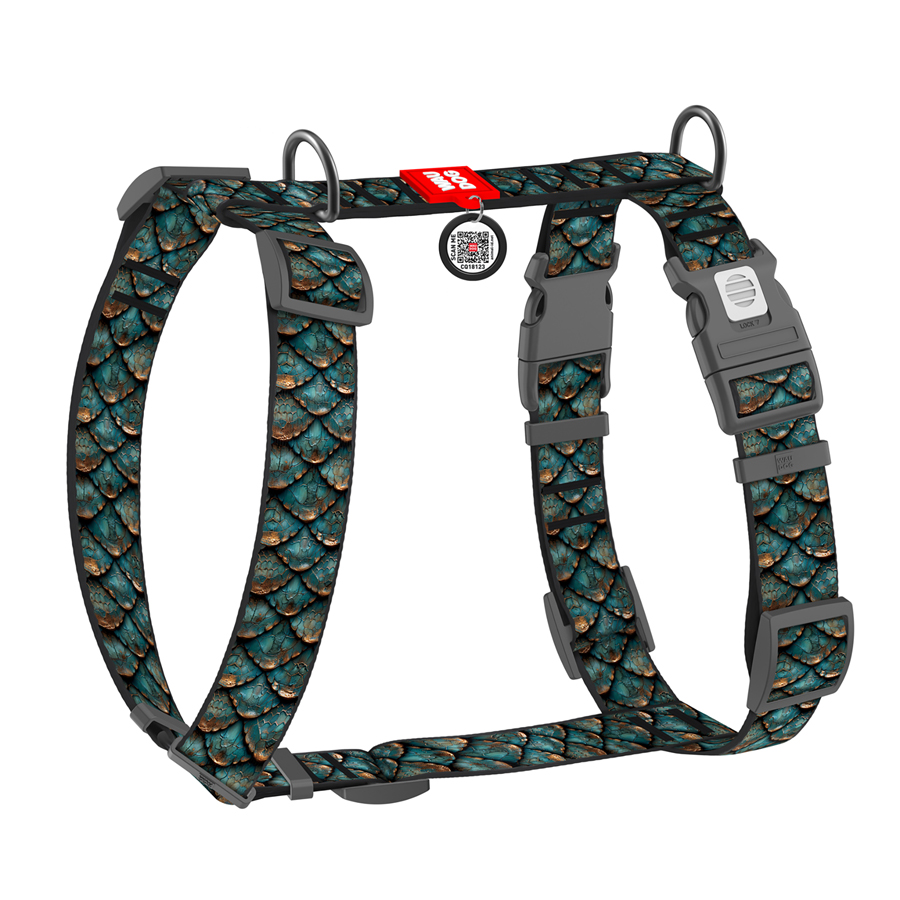 Шлея для собак анатомічна H-подібна WAUDOG Nylon з QR адресником, малюнок 