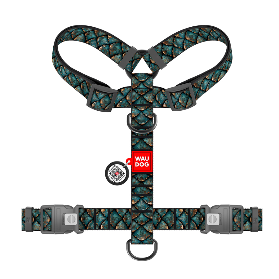 Шлея для собак анатомічна H-подібна WAUDOG Nylon з QR адресником, малюнок 