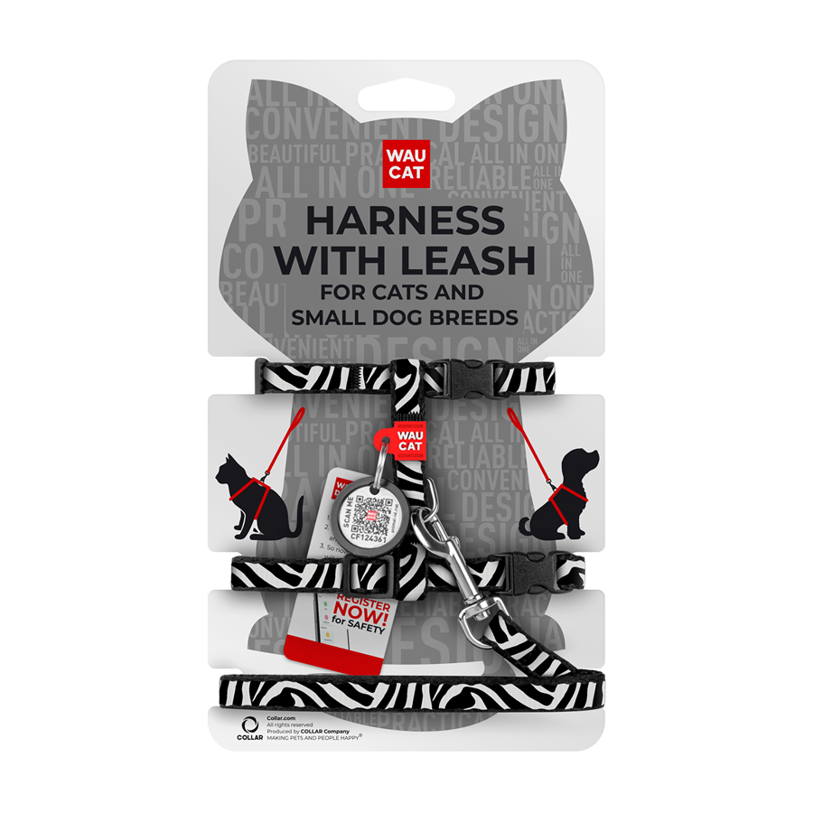Шлея з повідцем для котів та дрібних порід собак WAUCAT Nylon з QR адресником, малюнок 