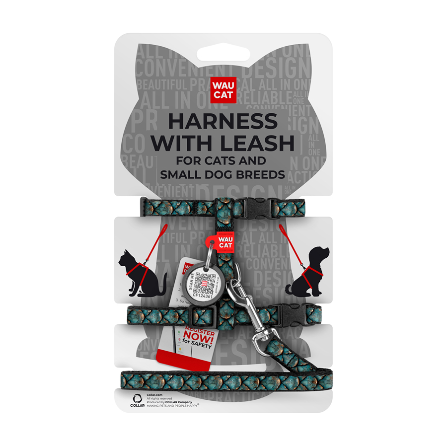 Шлея з повідцем для котів та дрібних порід собак WAUCAT Nylon з QR адресником, малюнок 