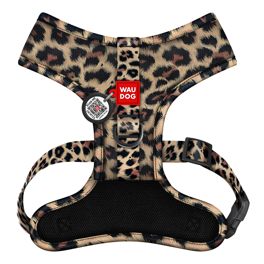 Шлея для собак дихаюча WAUDOG Mesh с QR адресником, малюнок «Леопард», S, A 30 см, В 35-48 см
