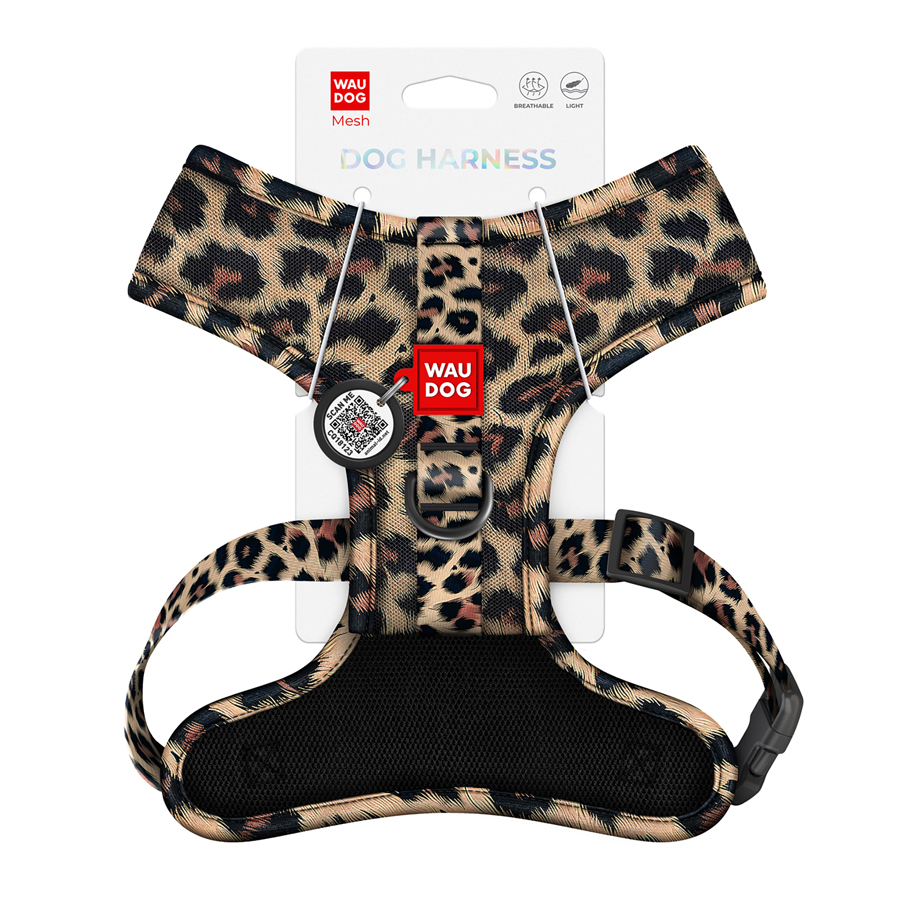 Шлея для собак дихаюча WAUDOG Mesh с QR адресником, малюнок «Леопард», М, A 35 см, В 42-60 см
