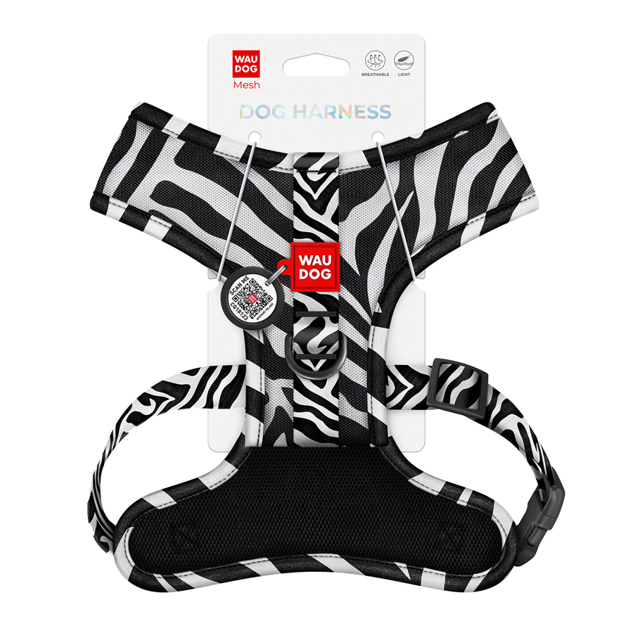 Шлея для собак дихаюча WAUDOG Mesh с QR адресником, малюнок «Зебра», L, А 42 см, В 57-77 см