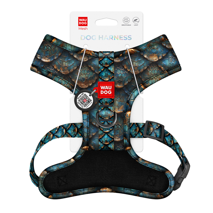 Шлея для собак дихаюча WAUDOG Mesh с QR адресником, малюнок «Луска», XS, А 24 см, В 30-36 см