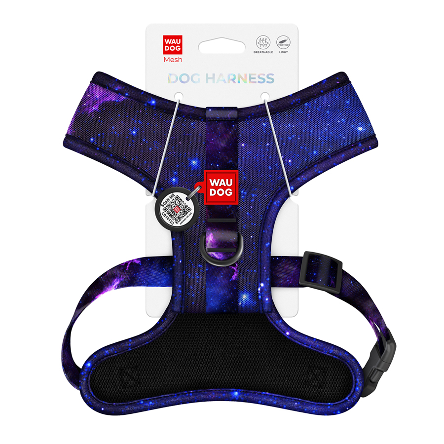 Шлея для собак дихаюча WAUDOG Mesh с QR адресником, малюнок «NASA21», М, A 35 см, В 42-60 см