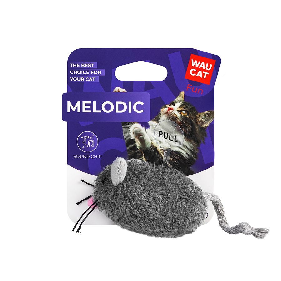 Іграшка для котів WAUCAT Fun Melodic Мишка сіра зі звуковим чипом, штучне хутро, 130 мм