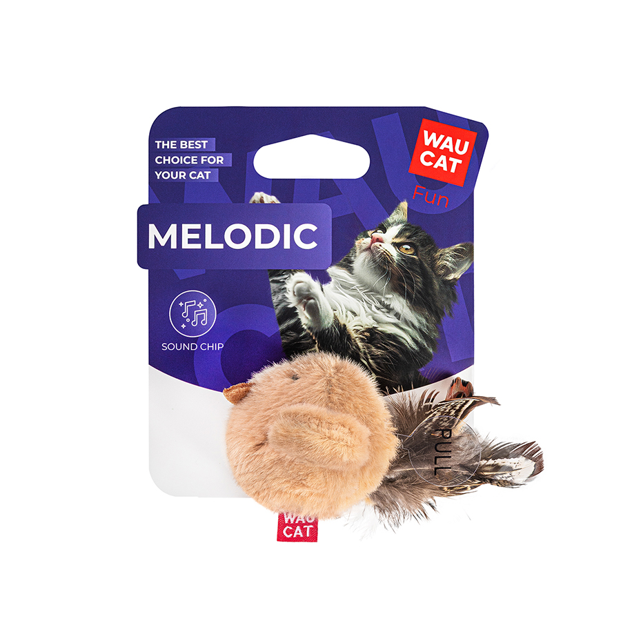 Іграшка для котів WAUCAT Fun Melodic Пташка бежева зі звуковим чипом, штучне хутро, перо, 110 мм