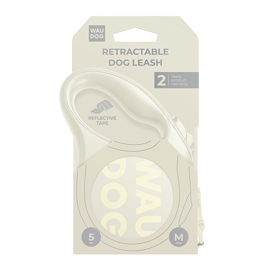 Повідець-рулетка для собак WAUDOG R-leash Monochrome White, M, до 25 кг, 5 м, світловідбивна стрічка, біла