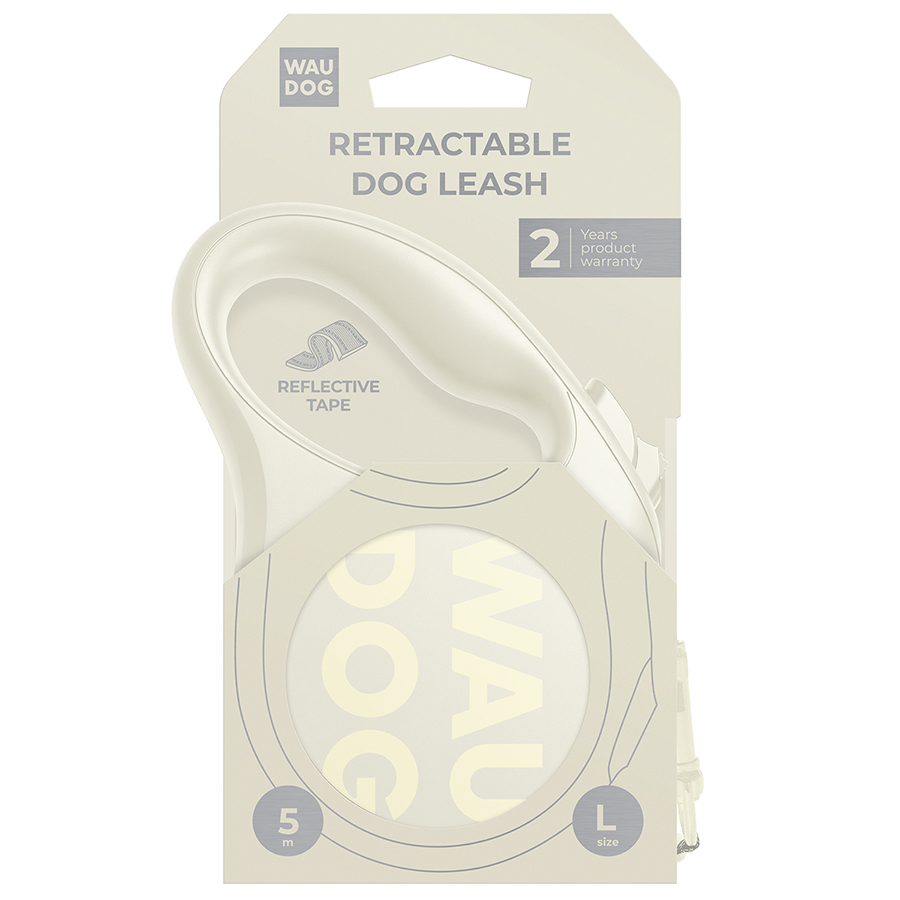 Повідець-рулетка для собак WAUDOG R-leash Monochrome White, L, до 50 кг, 5 м, світловідбивна стрічка, біла