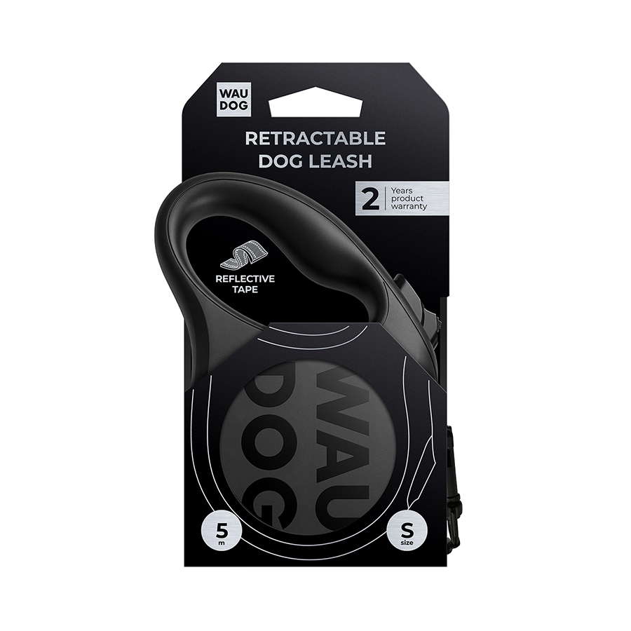 Повідець-рулетка для собак WAUDOG R-leash Monochrome Black, світловідбивна стрічка