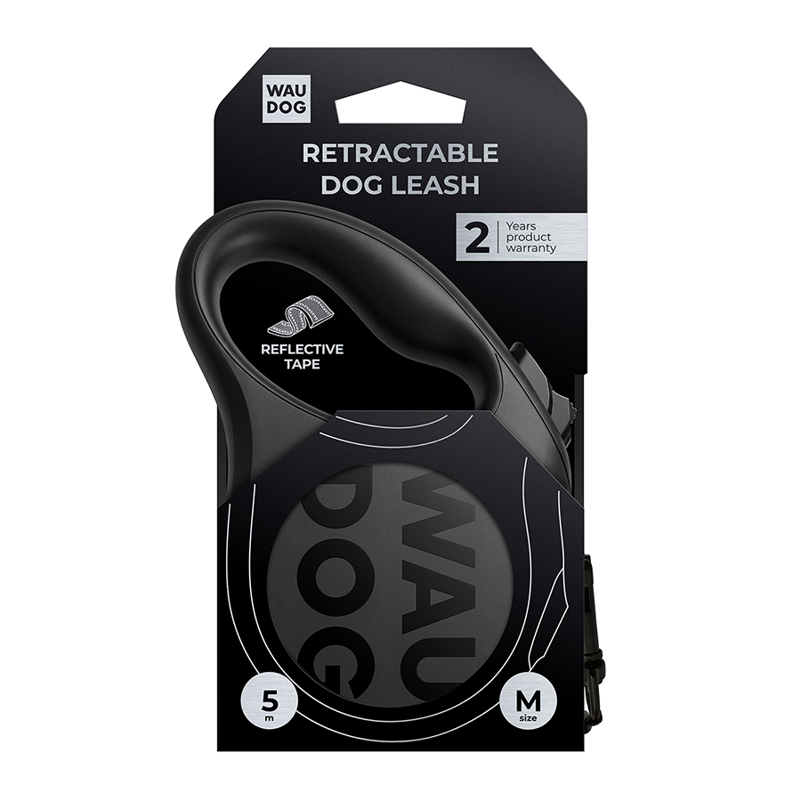 Повідець-рулетка для собак WAUDOG R-leash Monochrome Black, M, до 25 кг, 5 м, світловідбивна стрічка, чорна