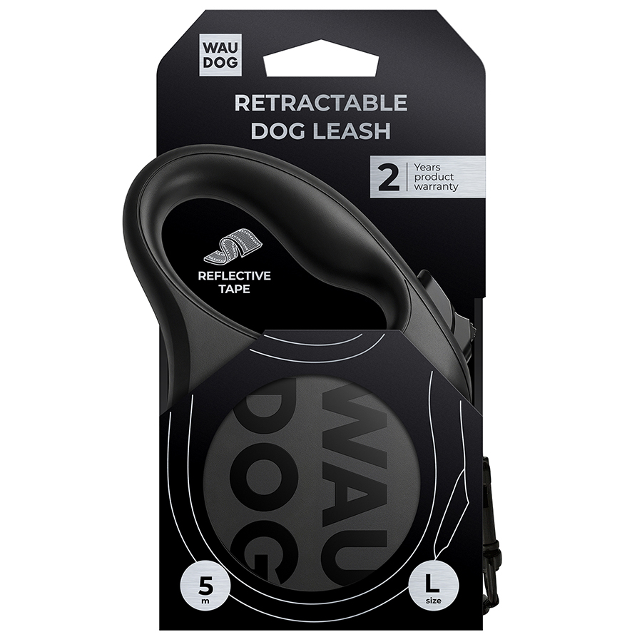 Повідець-рулетка для собак WAUDOG R-leash Monochrome Black, L, до 50 кг, 5 м, світловідбивна стрічка, чорна